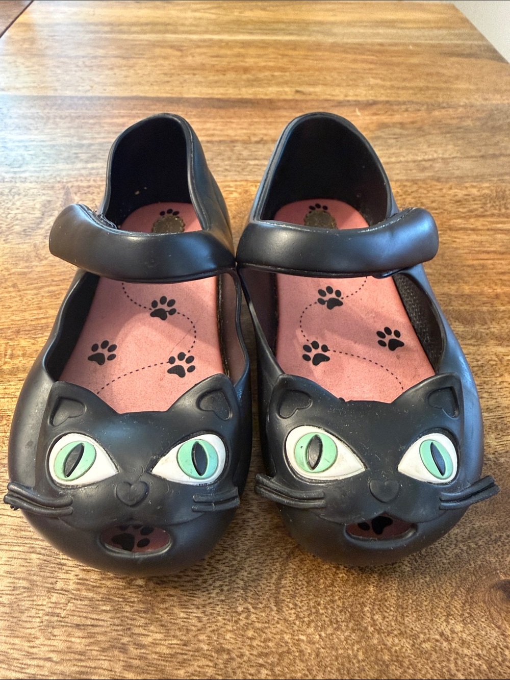 Mini Melissa Black Cat Mary Jane Sandals with Green Eyes